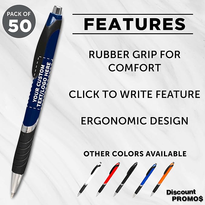 DISCOUNT PROMOS Ballpoint Pens With Rubber Grip - 50 pack - Customizable Text, Logo - Black Ink Ball Point Pen with Soft Touch Plastic - Navy Blue