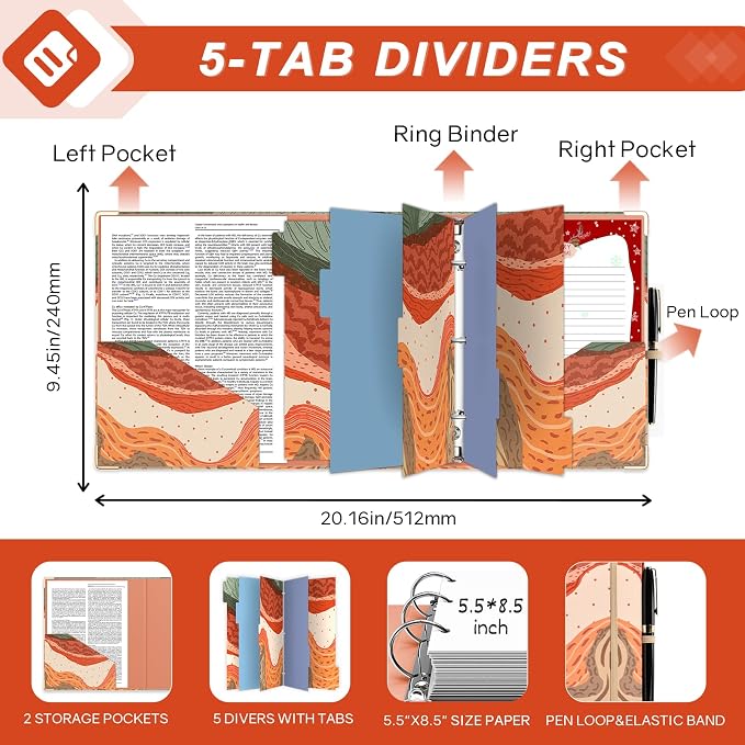 EYROZILL Mini Binder 2 Inch 3 Ring for 5.5" x 8.5" Paper, Cute Small Three Ring Binder with 5-Tab Dividers and Profile Clipboard for Women Supplies, Mountan Path