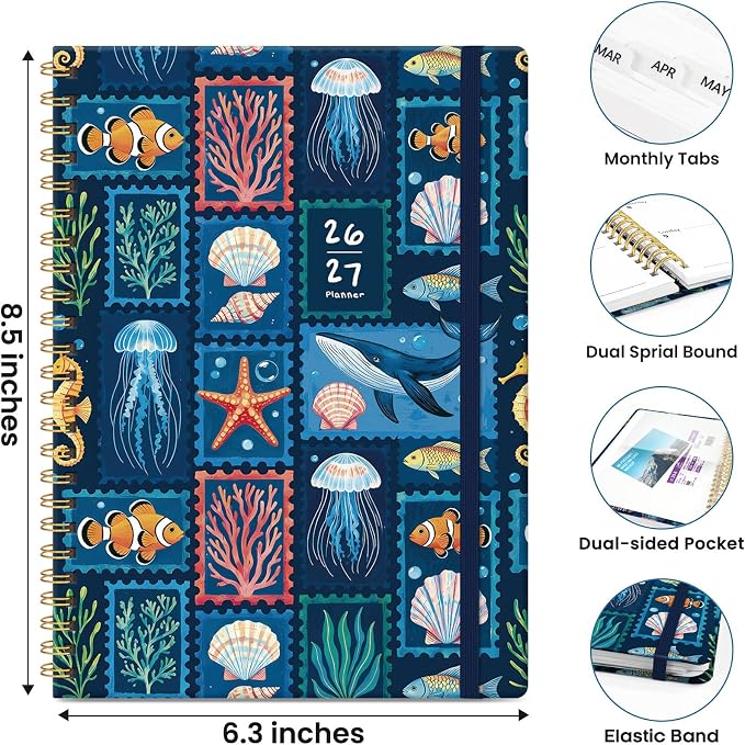 ZOTIA Academic Planner 2026-2027, Monthly & Weekly Jul 2026-Jun 2027 | Ocean Stamps, 6.3" x 8.5" Calendar Planner for Women, Hardcover Pretty Organizer for Women, School Office Home Supplies