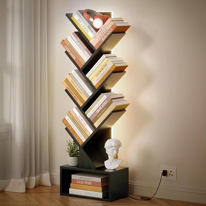 Hoctieon 6 Tier Tree Bookshelf, Tall Bookcase with Drawer, Freestanding Book Shelf with LED Lights, Display Floor Standing Storage Shelf, Book Organizer Shelves for Home Office, Living Room, Black