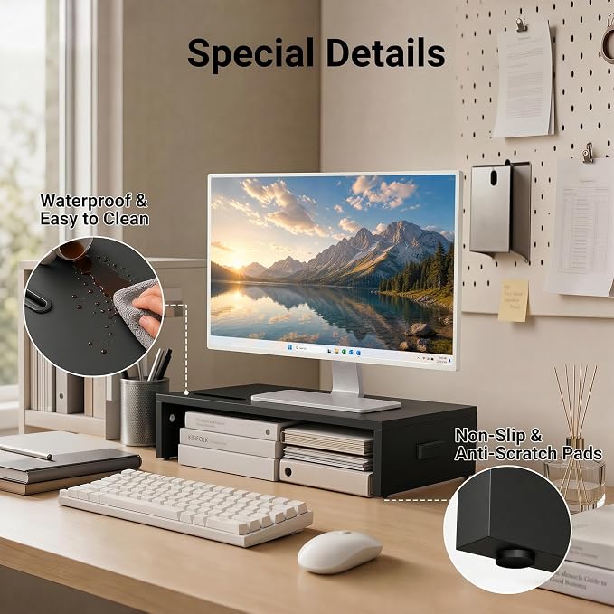 1home Monitor Stand Riser, 16.7 Inch Wood Monitor Riser Stand with Storage Organizer, Desktop Ergonomic Monitor Stand Riser with Cellphone Holder and Cable Management, Black | 16.7 Inch Wood Monitor Riser Stand, Desktop Stand for PC/TV/Laptop/Printer, ...