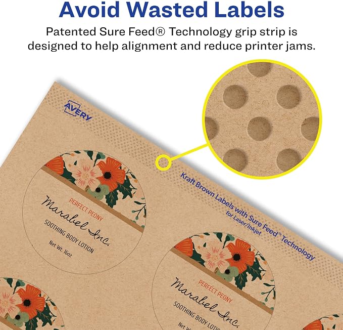 Avery® Kraft Brown Round Labels, Sure Feed® Technology, 2" Diameter, 1,200 Kraft Brown Labels, Print-to-The-Edge, Laser/Inkjet Printable
