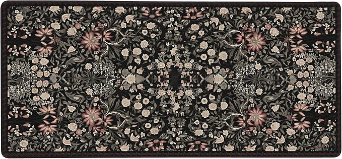 Floral Aesthetic Wildflower Gaming Mouse Pad, Black Rug Desk Mat with Anti-Slip Base & Stitched Edges,35.4" x 15.7" in Desk Accessories for Women, Home Office Decor & Artistic Gift