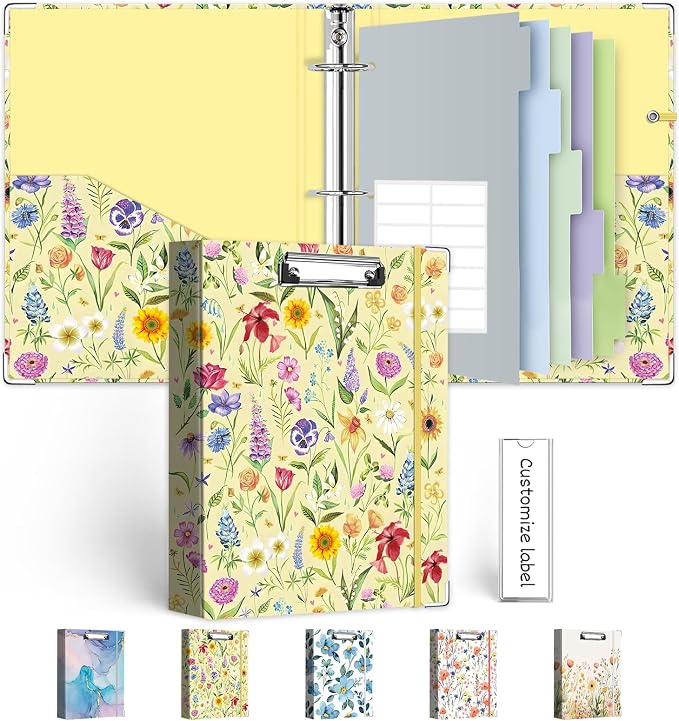 Mini Binder Organizer，1 Inch 3 Ring Binder with Clipboard, 5-Tabs Pockets Dividers, Plastic Folder, 18 Divider Stikers, Pen Loop (Garden Party, 5.5" x 8.5")