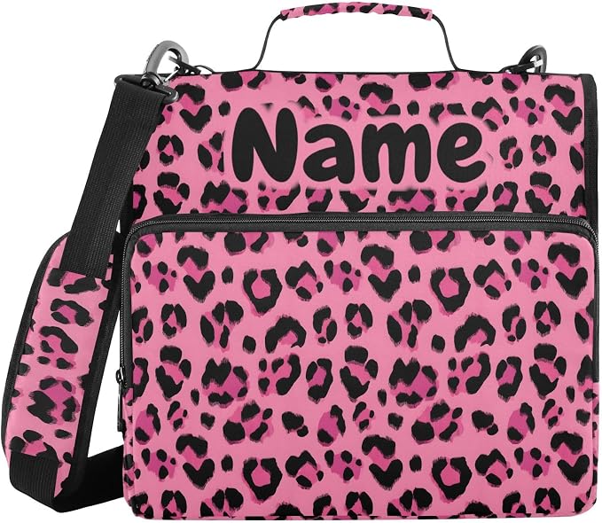 Custom Hot Pink Black Leopard Print 3 Ring Binder Bag 1.5 inch Personalized Name Binder Organizer 500 Sheet Documents Storage for School Office