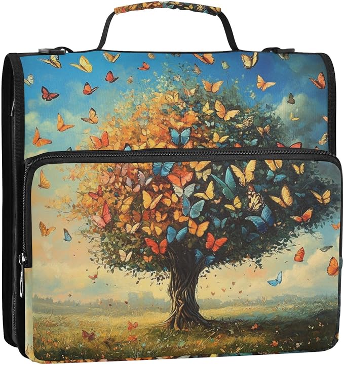 ALAZA Tree and Colorful Butterflies Zipper Binder 1.5 inch 3 Ring Binder Organizer with Shoulder Strap and Handle for Home Office Work