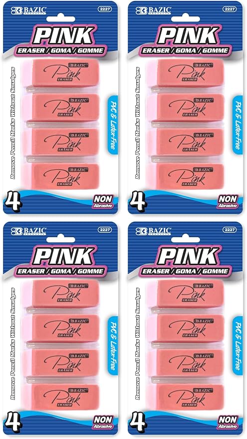 BAZIC Products Pink Eraser, Latex Free Bevel Block Erasers, Large Size for Classroom, Office, and Art Use, Smooth Pencil Correction for Writing, Sketching, & Daily Tasks, 4 Count (Pack of 4)