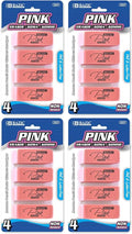 BAZIC Products Pink Eraser, Latex Free Bevel Block Erasers, Large Size for Classroom, Office, and Art Use, Smooth Pencil Correction for Writing, Sketching, & Daily Tasks, 4 Count (Pack of 4)