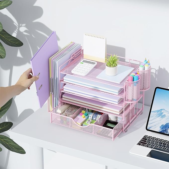 gianotter 5-Tier Desk Organizer with Drawers and File Holders | Letter Trays and Pen Holders - Workspace Accessories for Office Supplies (Pink)