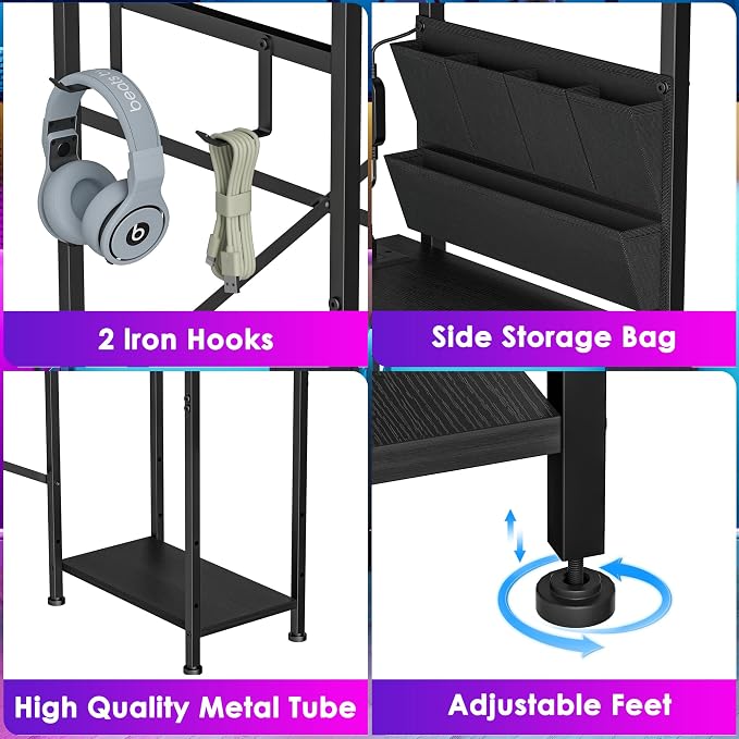 33.7 Inch Small Gaming Desk Table with LED Lights & Power Outlets, Compact L Shaped Gaming Computer Desk with CPU Stand, Drawer & Storage, Corner PC Desk for Kids, Home Office , Bedroom, Black
