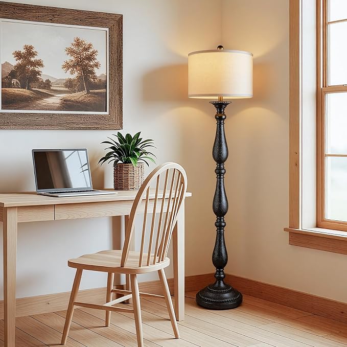 Vintage Floor Lamp for Living Room, Rustic Farmhouse Standing Lamp with Rotary Switch and Linen Shade, Retro Resin Floor Lamp for Bedroom, Corner, Dining Room, House Decor, Black