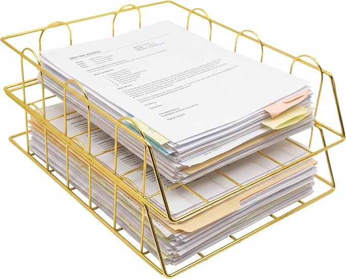 Gold Stackable W 9.75" X L 12" Desk Organizer Tray Set (2-Tier)