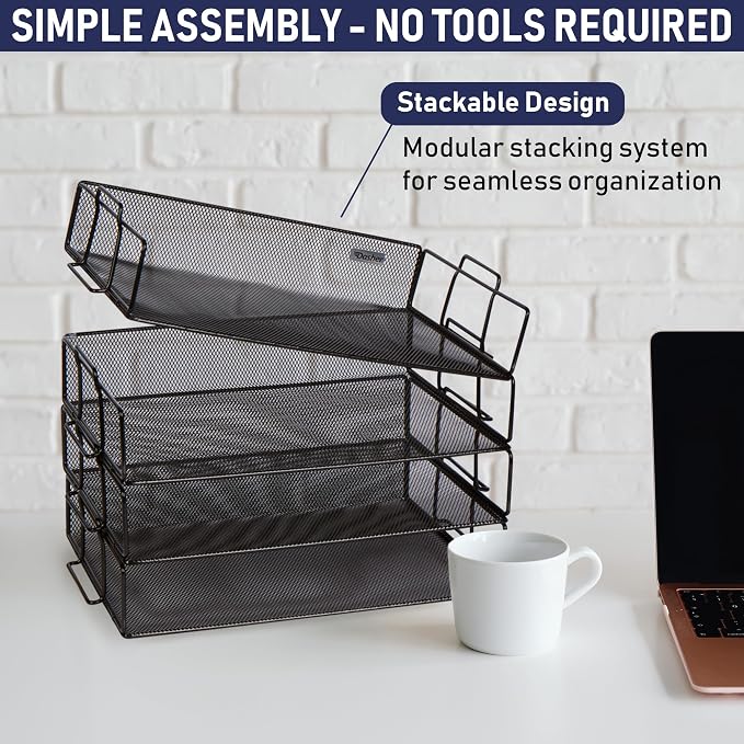 Stackable Paper Tray Desk Organizer, 4-Tier Metal Mesh Letter Organizers for Business, Home, School, or Store Use, Organizes Files, Folders, Letters, Paper, Binders, Multi-Functional Desktop Storage