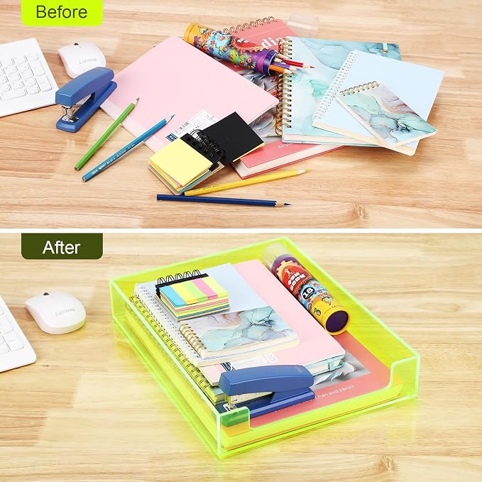 Paper Tray Acrylic File Organizer for Desk Letter Tray Desk Organizer Document Holder Sorter Storage for A4 Office Supplies Magazines, 13.8x10.6x2.4 Inches, Neon Green