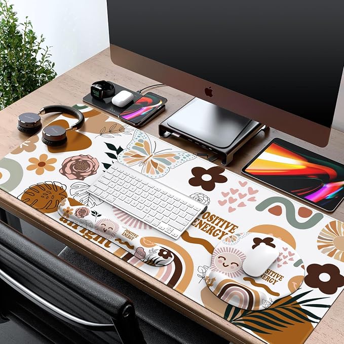 iCasso Sticker Keyboard Mat 35.4"x15.7", Desktop Mat for Workspace | Vintage Students Ergonomic Desk Pad with Keyboard Wrist Rest, Mousepad Set for Computer Study Office Workspace Area
