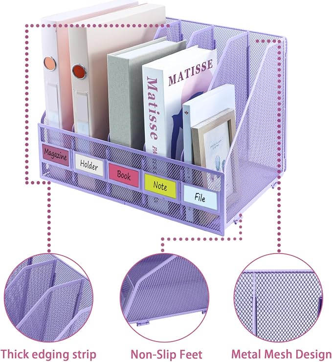 Desk Organizers, Metal Magazine File Holder with 5 Vertical Compartments Rack Binder File Organizer for Office Supplies, Home Workspace - Purple