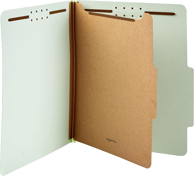 Amazon Basics Classification File Folders, 1 Divider, 2-Inch Embedded Fasteners, Letter Size for Documents, Light Green, 10-Pack