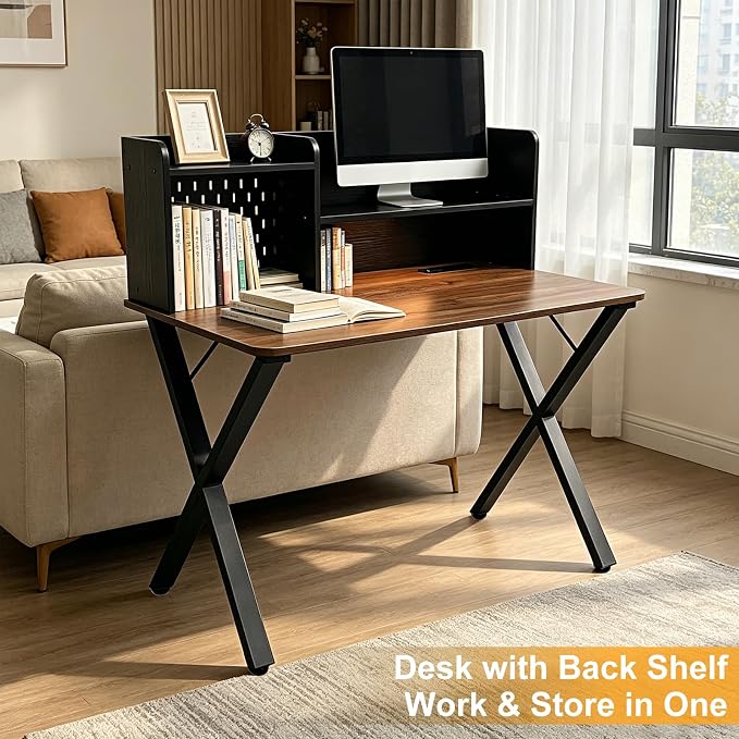 Lightdot 44" ×24" Black Home Office Computer Desk with Charging Ports, Study Gaming Desk with Hutch Pegboard & Motion Sensor Light, Student Writing Desk with Storage for Home Office Bedroom