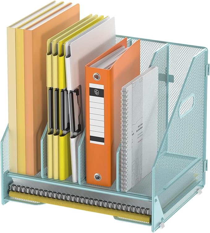 Docnest Mesh Desk File Organizer, 4 Vertical Compartment Box Sorter, Blue | Features 3 removable middle dividers for custom spacing and a bottom letter tray to hold paper, mail, and documents