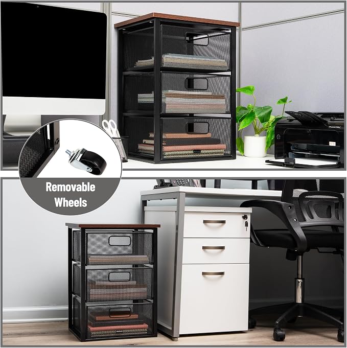 Mind Reader 3 Drawer Storage Organizer with Wood Top, Rolling Office Organizer Cabinet with Wheels, Office, Metal Mesh, Black