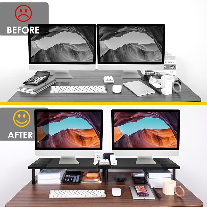 Across-Star Dual-Monitor Stand for Desk - Large Adjustable Length and Angle Riser for 2 Monitors, Double Computer Desktop Organizer, Shelf for TV, Laptop, Printer