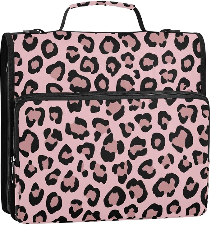 Leopard Pink Pattern 3 Ring Zipper Binder with Shoulder Strap & Handle 1.5 Inch D-Ring Zippered Bag with Pencil Pouch,Multiple Pocket & Expanding File Folder, Binder Organizer for School or Office