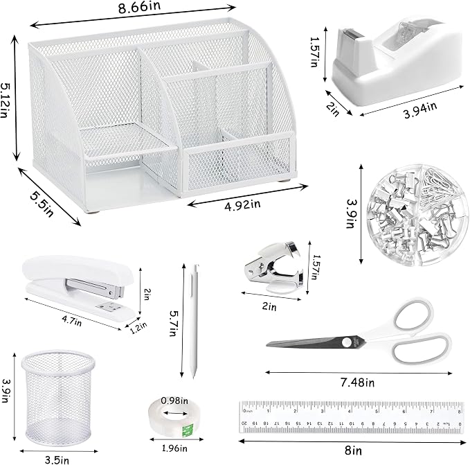 White Office Desk Accessories Supplies, 12pcs Desk Organizers and Accessories with Tape dispenser and Stapler,Staples,Staple Remover,Pen Holder,Scissor,Ruler,Sticky Tabs,Tape,Ballpoint Pen,Clips Set