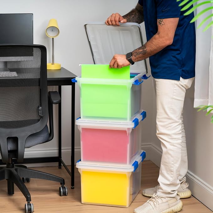 IRIS USA WeatherPro File Box Organizer, Letter/Legal, 32 Qt. 3-Pack, Clear | Store letter and legal documents safely with weather-resistant protection and space-saving stackable storage