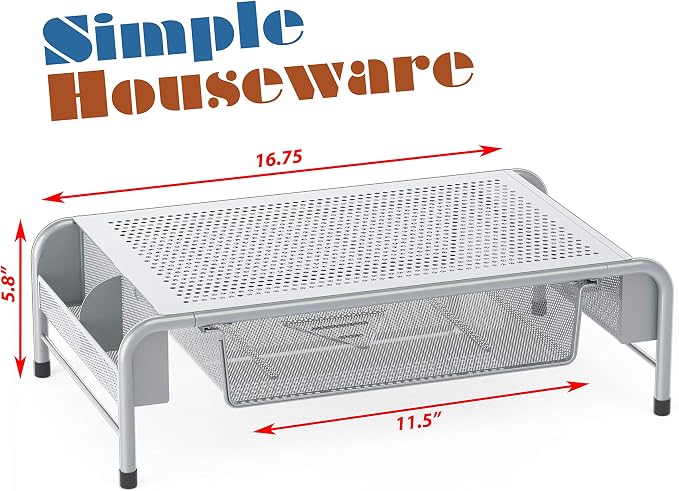 Simple Houseware Metal Desk Monitor Stand Riser w/ Organizer Drawer, Silver | Side Storage for Office Supplies