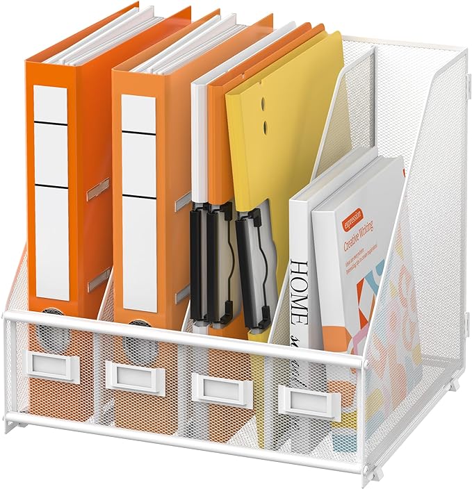 DALTACK 4-Slot Magazine File Holder, Metal Binder Holder, White | Iron Mesh Construction, Labeled Sections for Easy Sorting, Anti-Slip Feet, Binder and Folder Storage for Office, Classroom