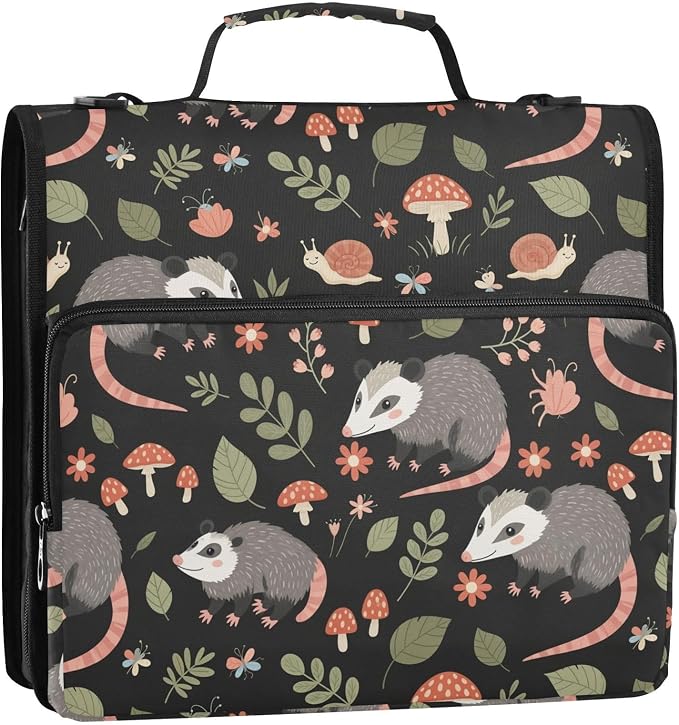 Opossum Mushroom Black Print Zipper Binder Bag 3 Ring with Shoulder Strap & Handle Multi Pocket Binder Organizer Bag Large Capacity for School Office Supplies