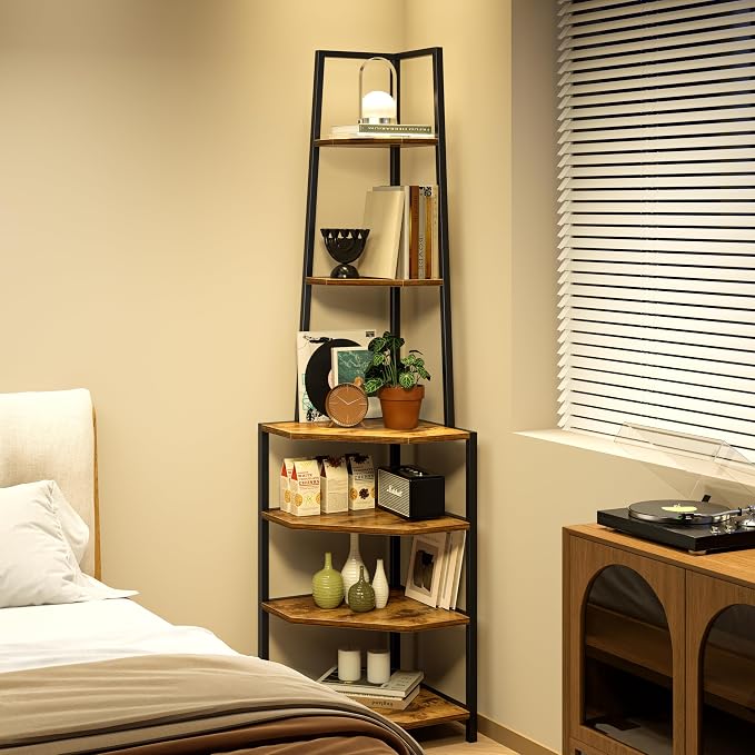VECELO 6 Tier Corner Shelf 69 Inch Industrial Bookshelf with Metal Frame, Multipurpose Tall Plant Stand with Opening Display Shelves for Living Room, Bedroom, Home Office, Small Space, Brown