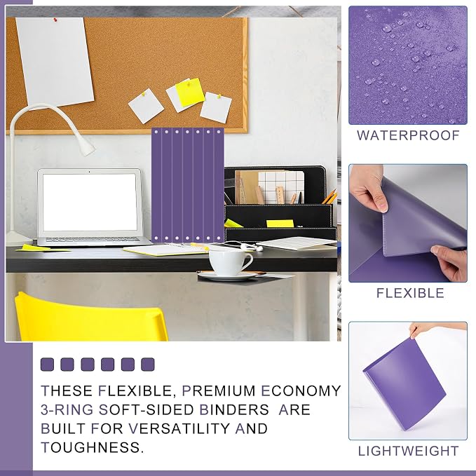 Fulmoon 12 Pcs Economy View 3 Ring Plastic Binder 12.2 x 9.8 Inch Plastic Round Ring Binders with Pockets Notebinder for Meetings for Home, Office, School(Purple, 1 Inch)