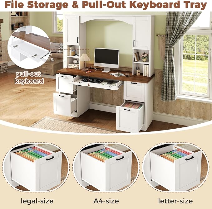 Merax Farmhouse Arched 67" Computer Desk with Power Outlets & Keyboard Tray | Wood Executive Home Office Desk with Hutch, Writing Desk with Storage Drawers for Working Study, White
