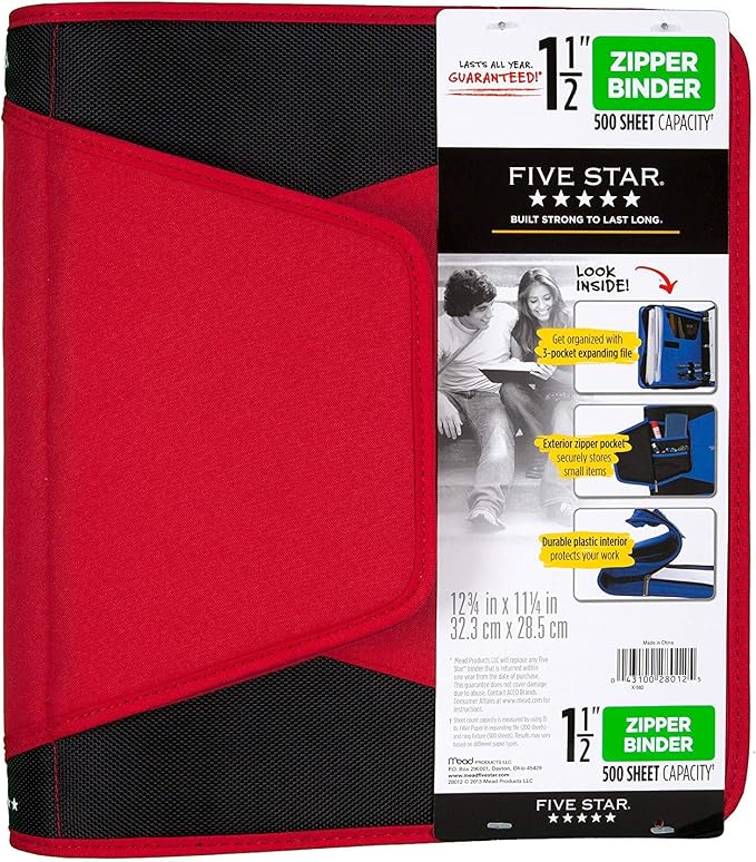 Five Star 1-1/2 Inch Zipper Binder, 3 Ring Binder, 3-Pocket Expanding File, Durable, Color Selected For You (28012)