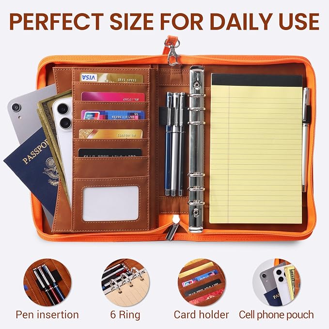 A5 Binder 6 Ring with Zipper, Portable Planner for Travel & Study | Faux leather A5 planner with detachable 6 rings, lined pages, pouches, card slots and pen holder for daily use.