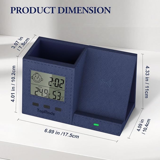TopMade Wireless Charger with Pen Holder, PU Leather Desk Nightstand Organizer Fast Charging Station, Home Office Supplies Pencil Holder, Digital Thermometer and Humidity Gauge, Gifts for Men(Blue)