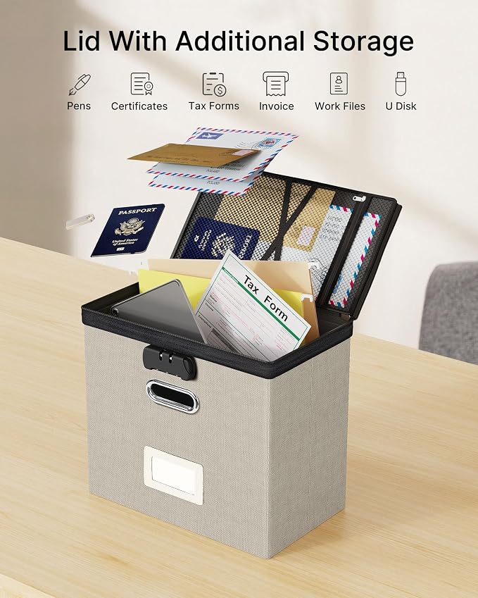 Oterri Lockable File Box Small 2-Pack Hanging Organizer for Letter-Size | Dustproof Lid. 3 Mesh Pockets. Collapsible Scratch-Resistant GRS Linen. Slide Rails. Office, Home, Dorm