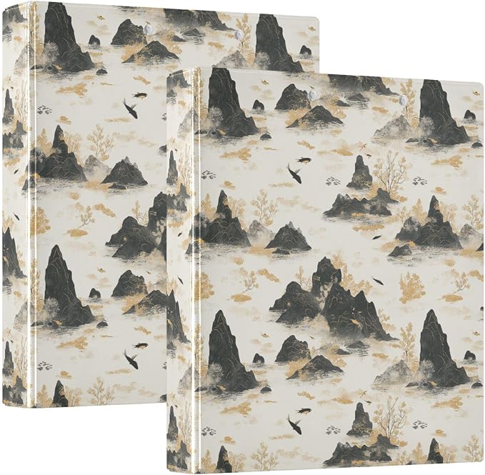 Chinese Landscape Binder 1.5 Inch Binder with Clipboard&Pockets, Ink Painting Mountain Hardcover Binders 3 Ring, Heavy Duty Large File Folder for Office School Supplies-Holds 200 Sheets, 2 PC