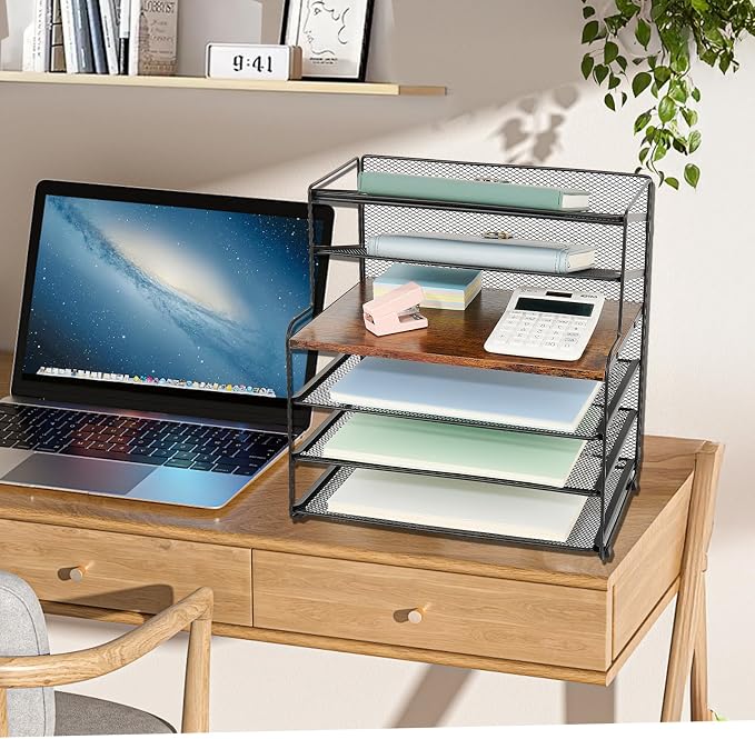 Desk Organizer, 6-Tier Paper Organizer Letter Tray, Brown Wood | Desk Organizers and Accessories, Office Desk Accessories & Workspace Organizers, Desktop File Organizer for Office Supplies