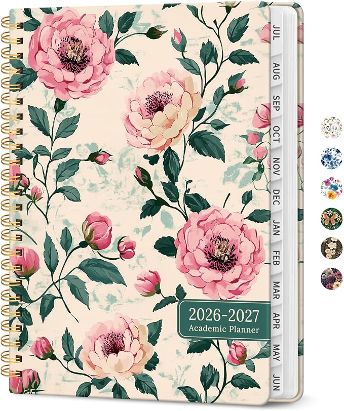 Taja Planner 2026-2027, Jul 2026-Jun 2027 Monthly & Weekly Calendar Planner | 6.3" x 8.5", Hardcover Academic Calendar, Teacher Student Agenda Book with Tabs, School Office Supplies, Blush Peony