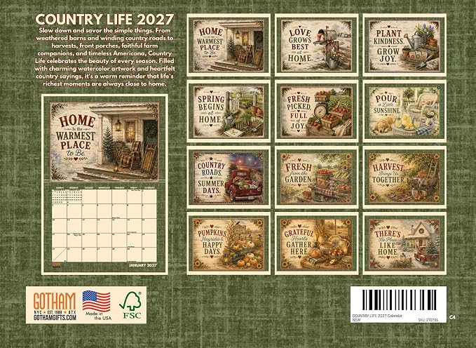 Country Life Calendar 2027 Monthly Wall Calender 12 Month | American Made In The USA