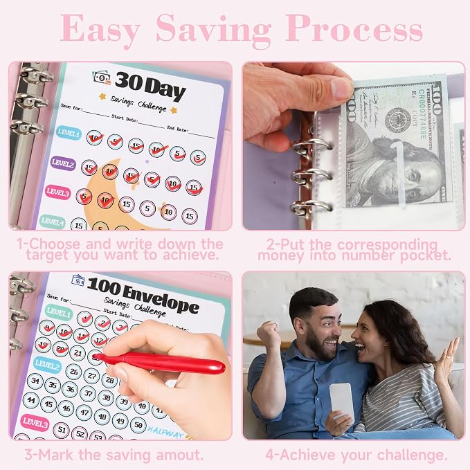 2 Pack 100 Envelopes Money Saving Challenge, Cash Budget Planner A5 Binder | Savings Challenges Book Organizer Folder with 3 Tracker to Save $5,050 $2,600 $300, 100 Pre-numbered Pockets, Pink & Black
