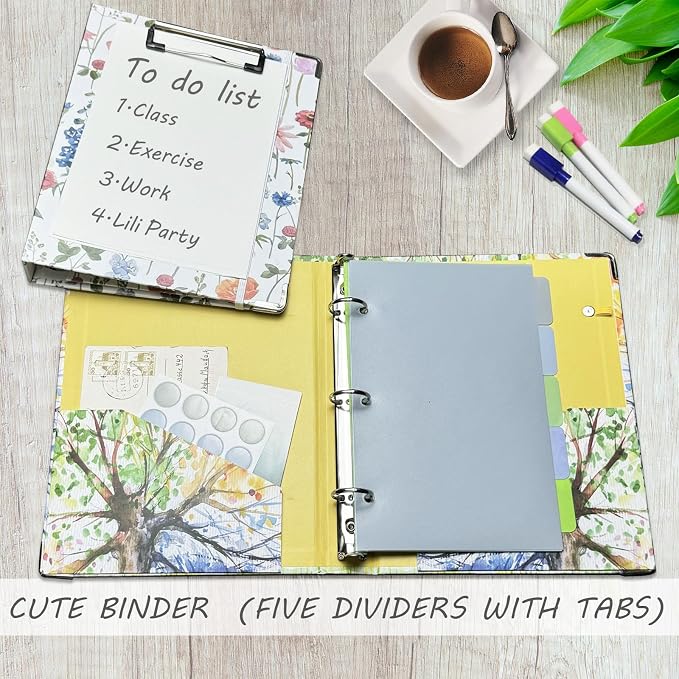 Mini 3 Ring Binder 1 Inch for 5.5"x8.5" Paper, Small Three Ring Binders with Clipboard,5-Tab Dividers,Interior Pocket, Spine ID Label Holder, BVSSX A5 Binder with Pen Holder,Season Tree