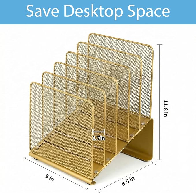 LEKETREE File Organizer for Desk, File Folder Organizer with 5-Section Vertical Rack, Suitable for Home Office Document Organization and Storage(Gold)