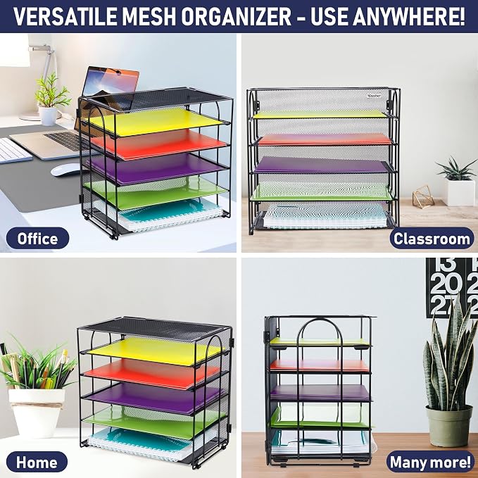 Desk Organizer Tray, Letter Tray in Black Metal Mesh for Organizing Files, Papers, Bills, Folders, Letters, and Binders. Desktop Paper Rack for Home, Office, or School (5 Tier - New)
