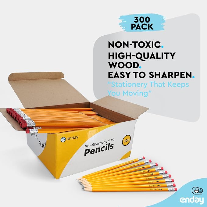 Enday #2 Pencils Bulk - 300 Pack - Pre-sharpened pencils #2 Wood-Cased Yellow Sharpened Pencils for Kids with Latex-Free Eraser Top for Office and Classroom Supplies.