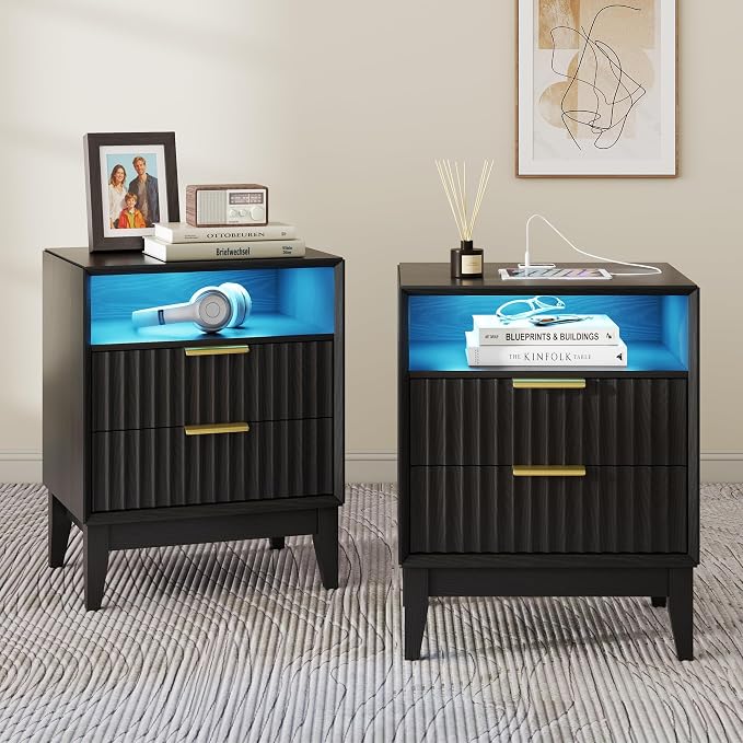 LED Nightstand Set of 2, RFID Lock, Charging Station, Black | Bedside Table with Hidden Drawer, 2 Drawers, Open Cubby, Motion Sensor, USB and Type-C Ports, Night Stand for Bedroom