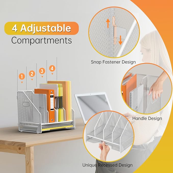 Docnest Mesh Desk File Organizer, 4 Vertical Compartment Box Sorter, White | Features 3 removable middle dividers for custom spacing and a bottom letter tray to hold paper, mail, and documents