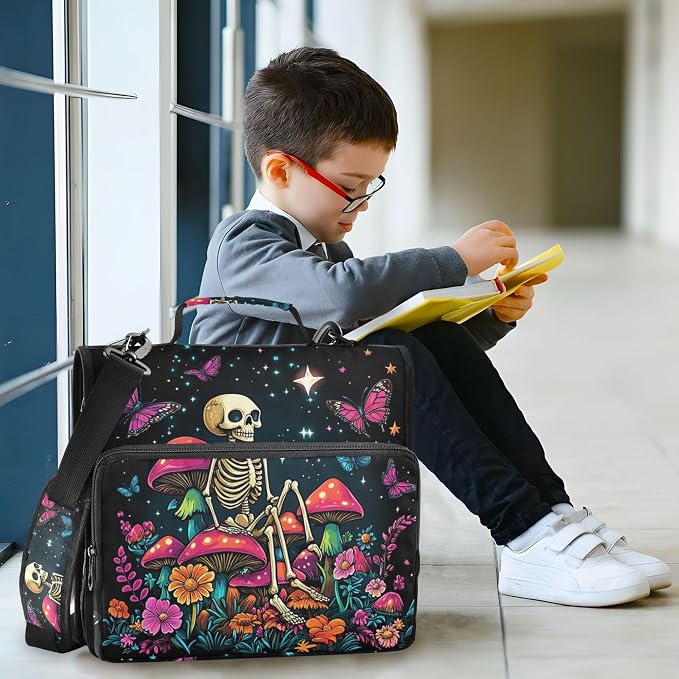 MNSRUU 3 Ring Binder Bag, 2 Inch D-Rings Easily Organizes 1 Inch Fits Letter Sized Paper, Skeleton Sitting on Mushrooms with Butterflies Large 3 Hole Zipper Binder Organizer for School Office Suppli